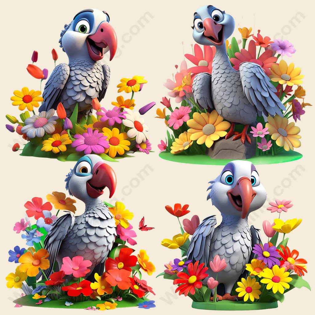 Cartoon African Grey Parrot - Floral