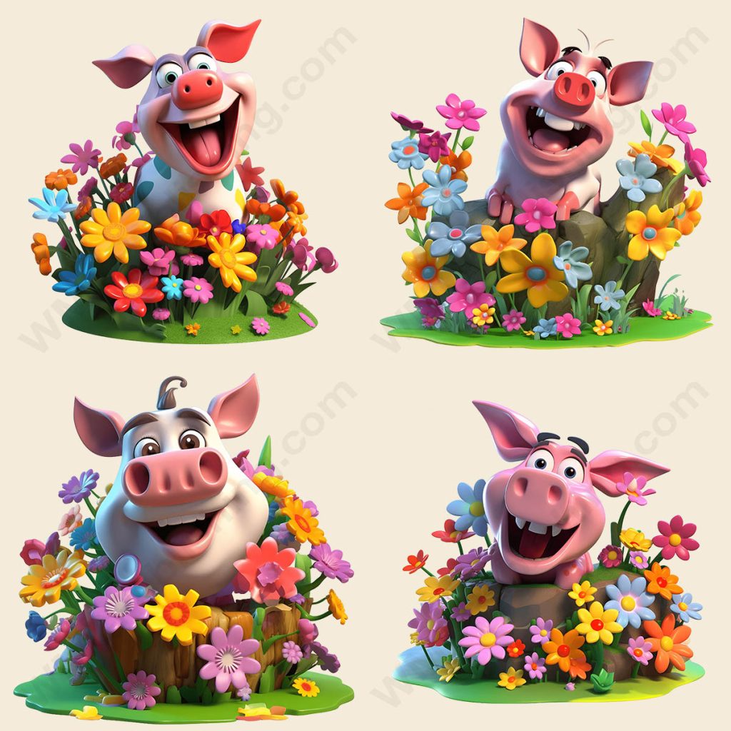 Cartoon Pig - Floral