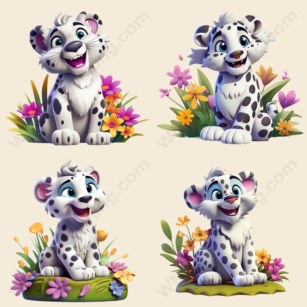 Cartoon Snow Leopard - Floral